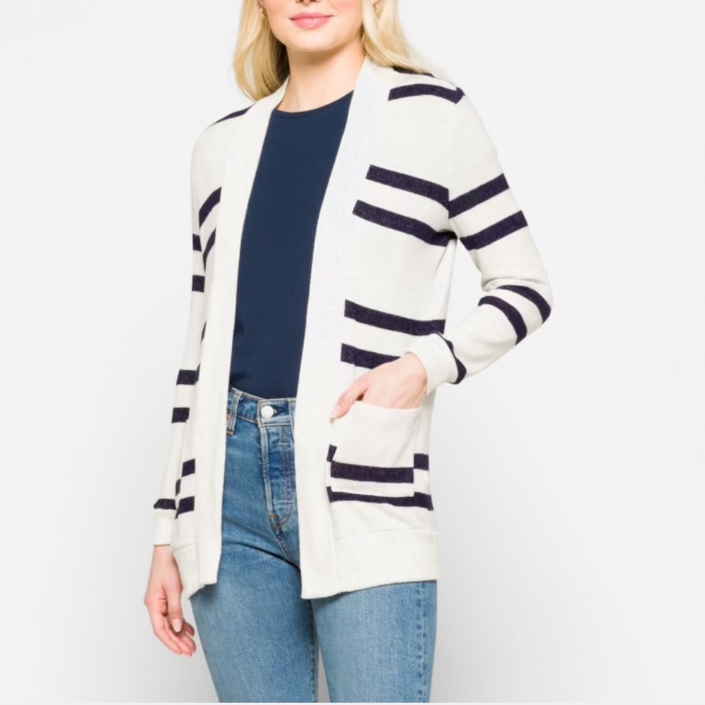 Market & Spruce Heather Brushed Knit Two Pocket Cardigan NWT Navy Stripes Size M